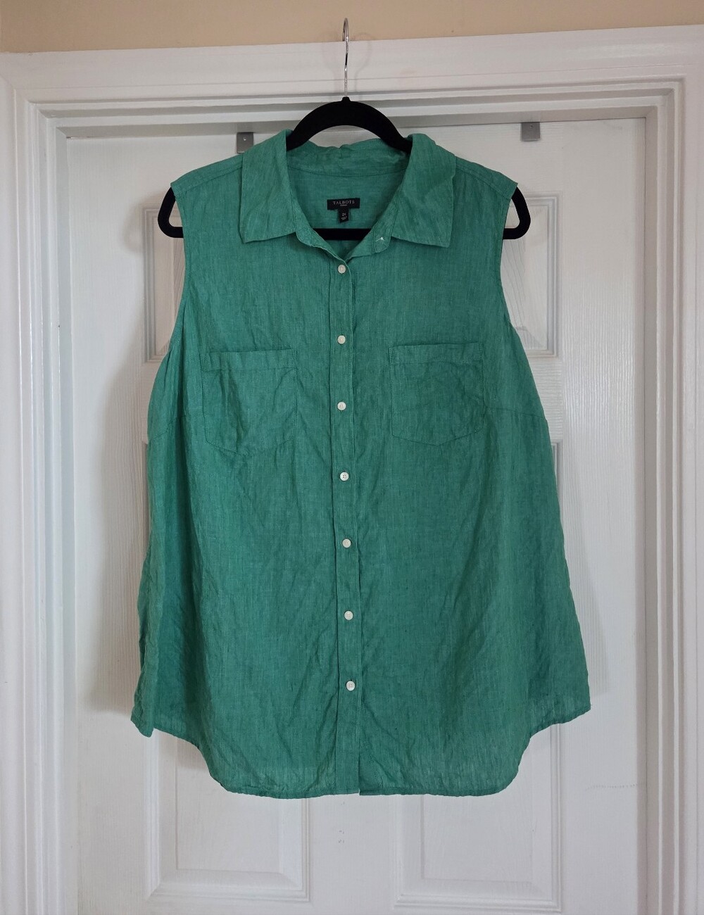 Talbots 100% Linen Sleeveless Button-Down Shirt Teal Green Resortwear 2X Vacay